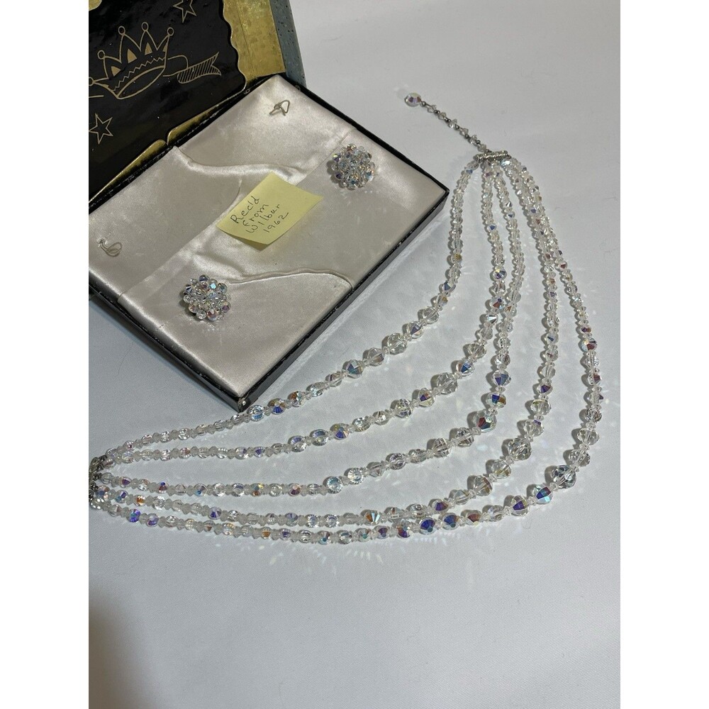 Vintage Aurora Borealis AB Crystal Multi Strand With Clip Ear Rings 1950’s-60’s